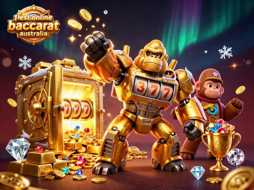 Play best online baccarat Australia with dynamic 3D casino-themed illustration featuring golden gorilla mech.