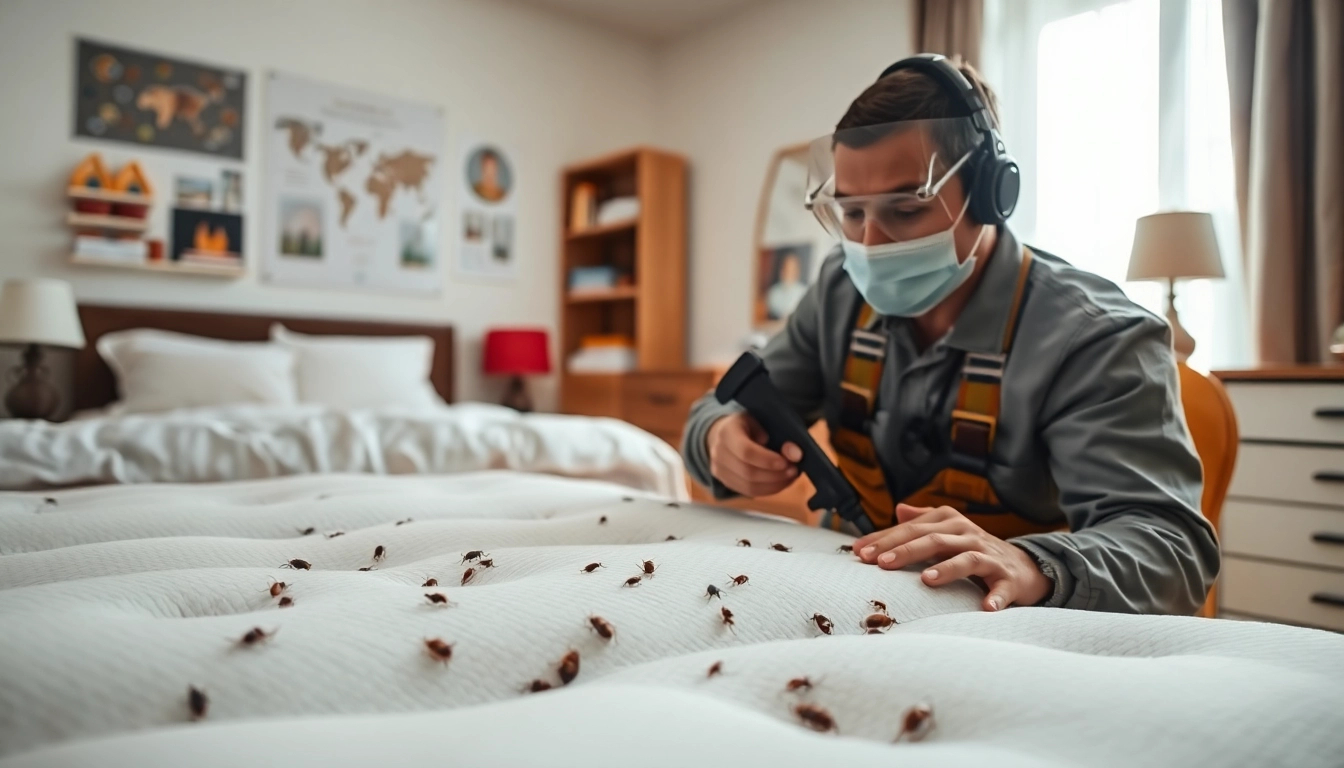 Inspecting bed bug control signs in a bedroom by a pest control expert.