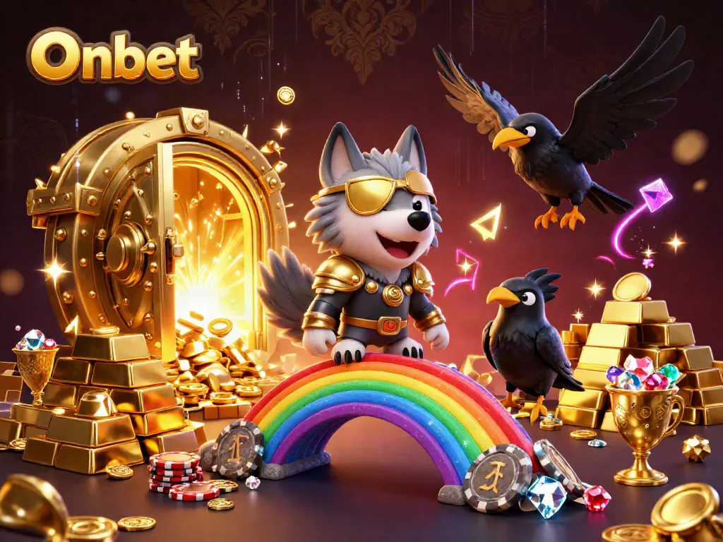 Engaging Onbet illustration with Odin wolf and treasures, emphasizing gaming excitement.