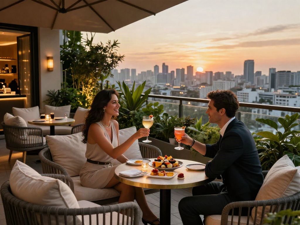 LUXURY111: Pasangan menikmati momen romantis dengan koktail di teras hotel mewah.
