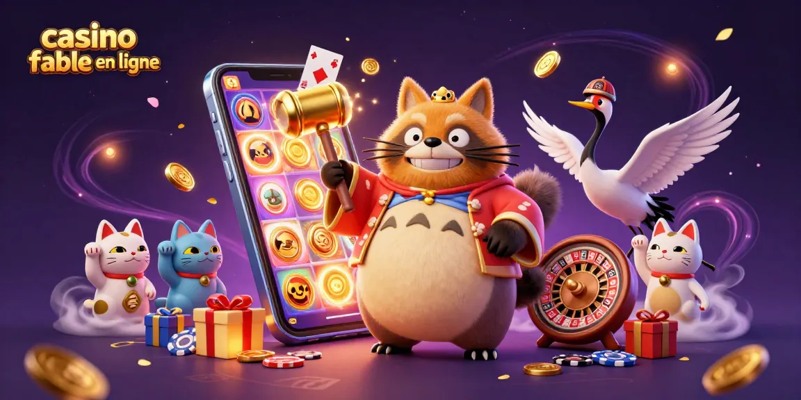 Illustration animée d'un casino fiable en ligne avec un tanuki et des jeux de cartes en arrière-plan.