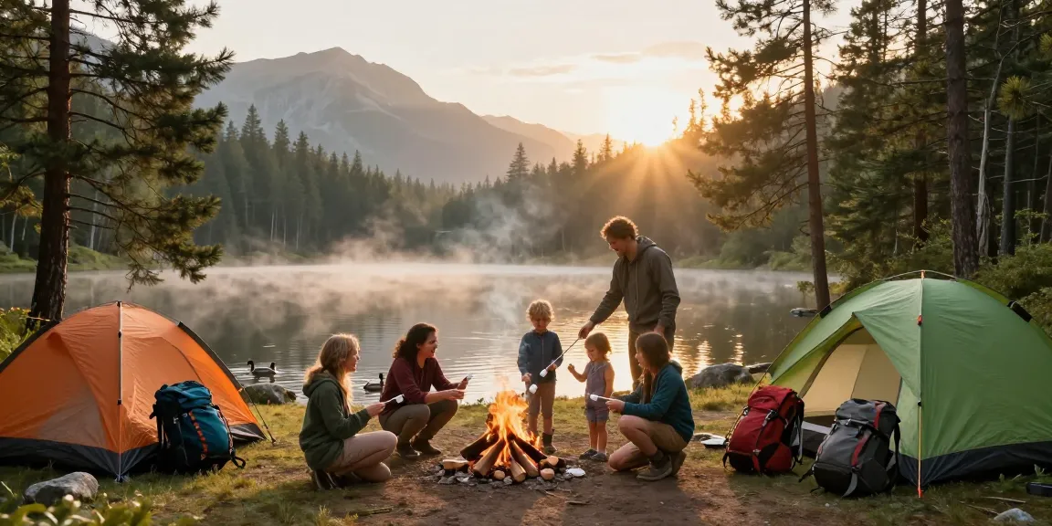 Family adventure at thatmountainlife.com with tents by a serene mountain lake, capturing joy and nature.