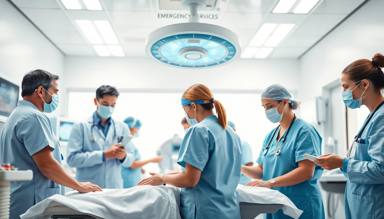 Healthcare professionals providing Emergency Hospital Services in a bright emergency room setting.