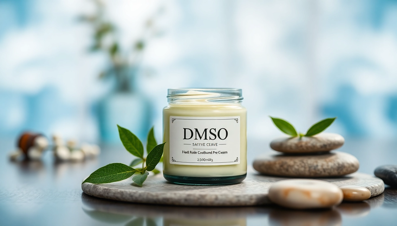 Apply dmso salve from a glass jar surrounded by natural herbs and calming stones.