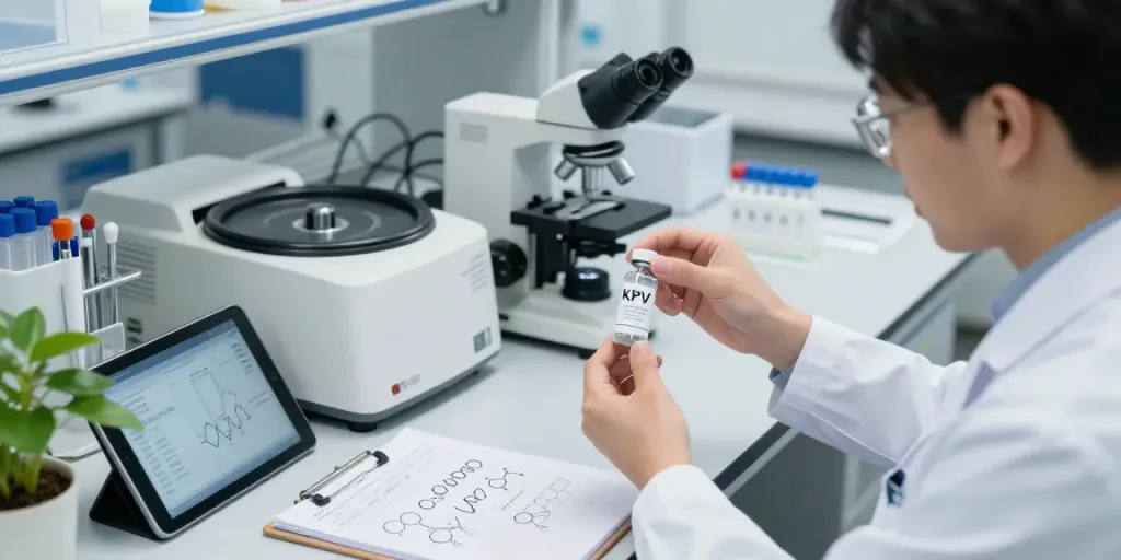 Researcher analyzing KPV peptide in a modern laboratory environment