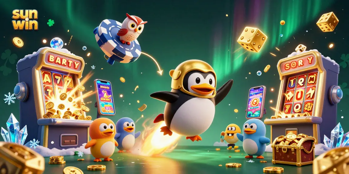 Experience sun win excitement with a golden penguin flying toward a jackpot-filled casino!