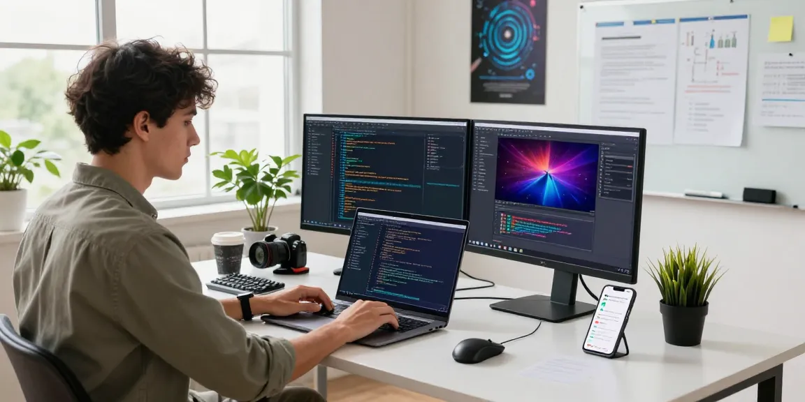 Software developer coding on dual monitors in a bright, modern workspace at net88