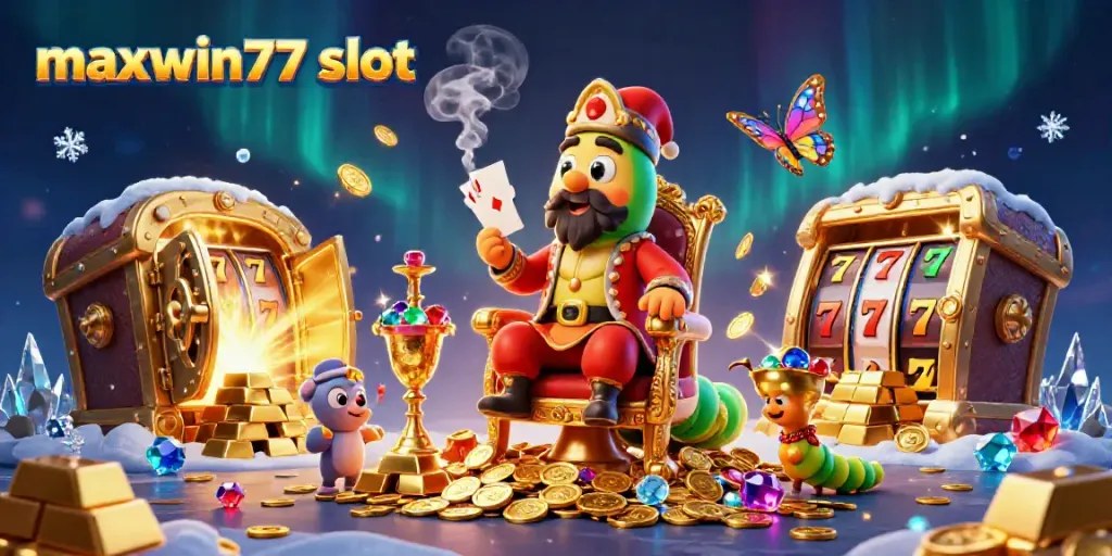 Experience the magic of maxwin77 slot with playful characters and treasures in a casino setting.
