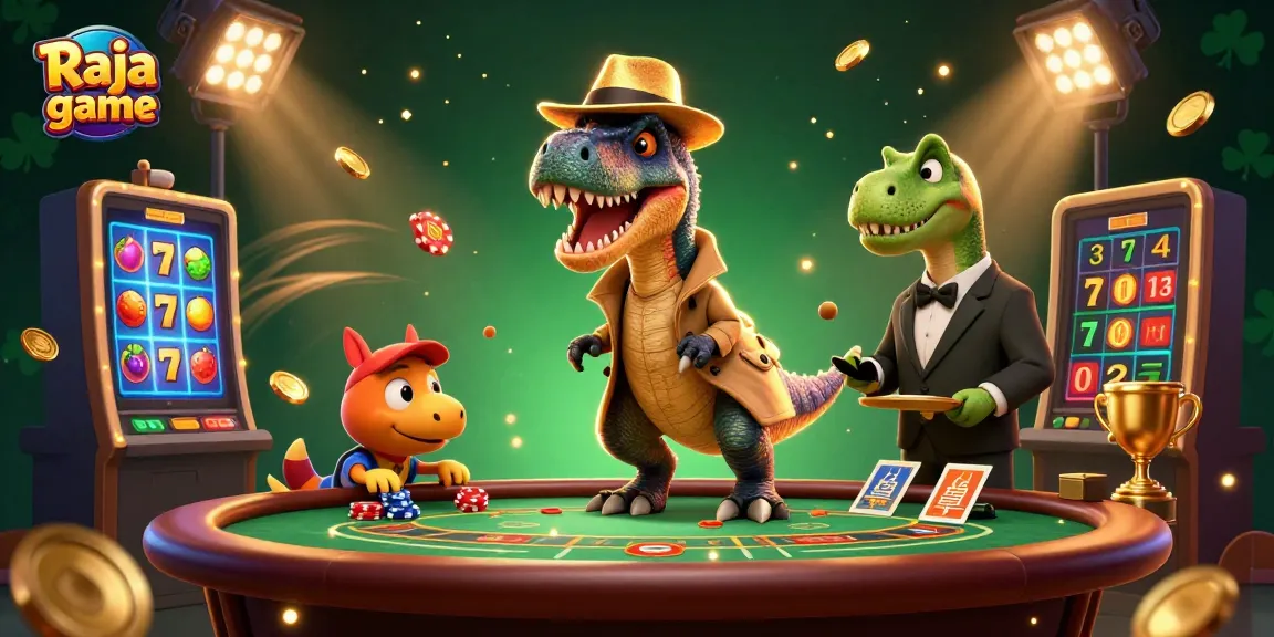 Engage in thrilling Raja game action with a velociraptor counting cards at a blackjack table amidst dynamic casino elements.