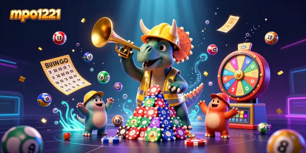 Engage with mpo1221 as a vibrant triceratops builds a poker chip pyramid amidst a celebration of gaming.