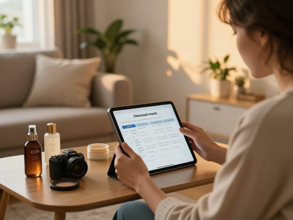 Person analyzing attractiveness test results on a tablet amidst beauty products and warm lighting.