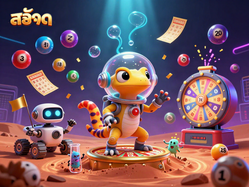 Immerse in the world of สล็อต with a Martian gecko discovering a golden casino amidst colorful gaming elements.