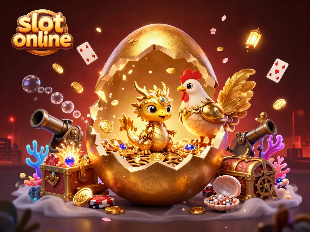 Experience thrilling slot online action with dynamic 3D illustration of golden egg and dragon among poker chips.