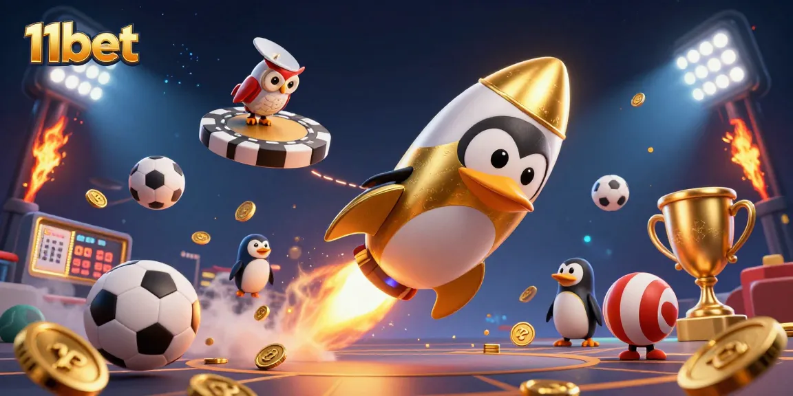 Bet on 11bet by experiencing a 3D cartoon penguin and sports elements in action.