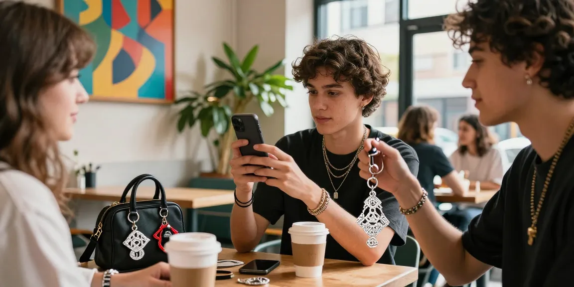 Dynamic lifestyle moment showcasing a Diamond Keychain within an urban café atmosphere, highlighting trendy accessories.