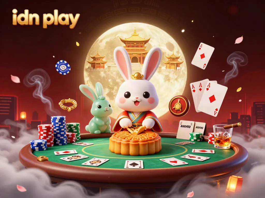 Experience the excitement of idn play as a moon rabbit reveals poker chips amidst vibrant casino elements.