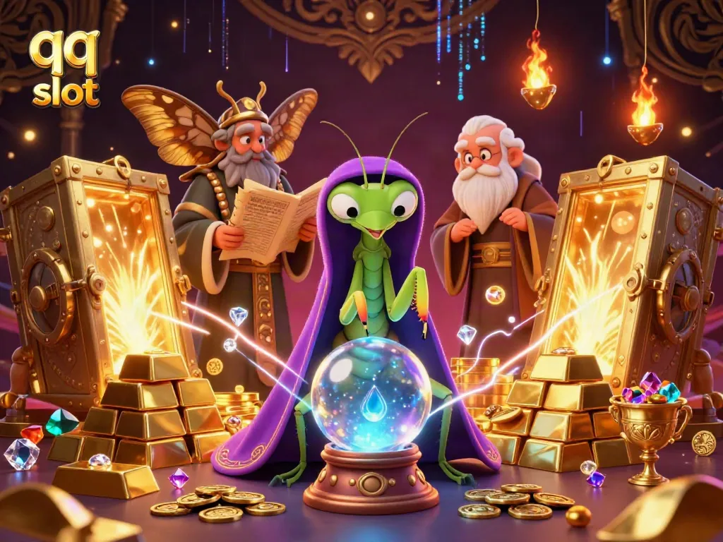 The vibrant qq slot casino scene showcases a mystical praying mantis fortune teller, a wise moth librarian, and luminous firefly oracles, surrounded by treasure elements.