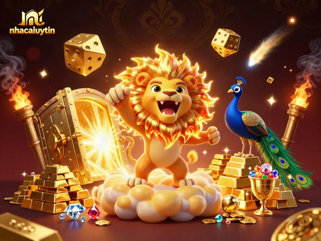 Engage in the captivating world of nhacaiuytin, featuring a roaring sun lion and golden treasures.