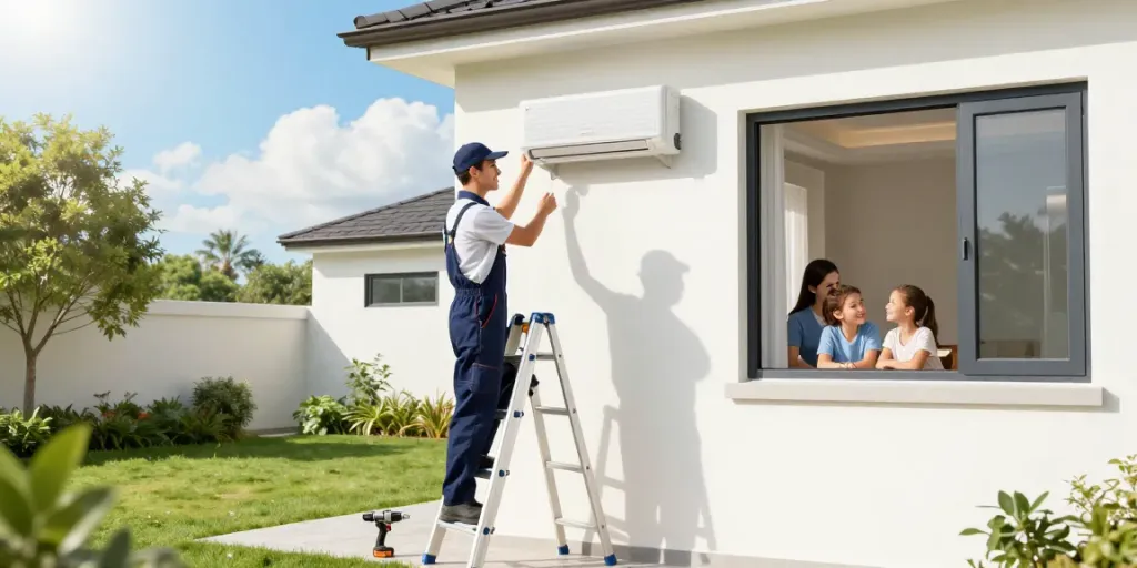 Air Conditioner Install Calgary technician installing AC unit on home.