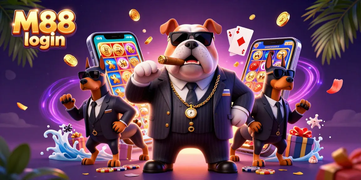 Experience thrilling M88 login action with 3D cartoon characters surrounded by vibrant casino elements.